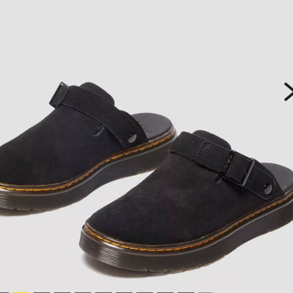 Dr. Martens Black Suede Clog Mules with Buckle